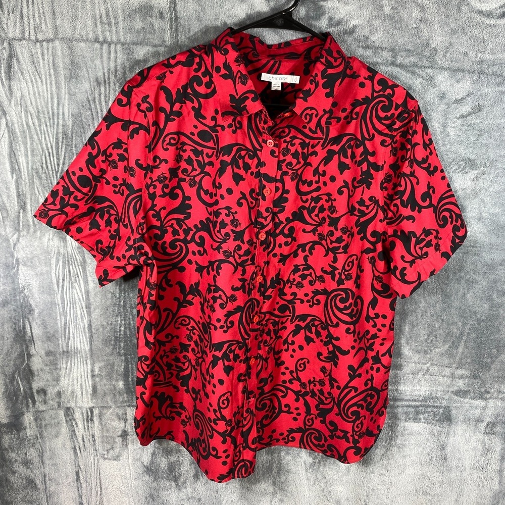 Chicos Top Blouse Womens Plus 16 Scroll Print Button Shirt Short Sleeve Paisley
